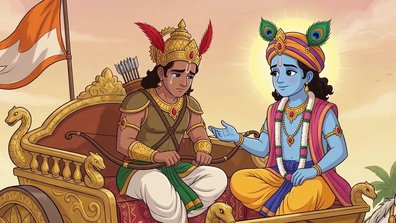 Arjuna in the chariot, hands shaking. Krishna stays close.